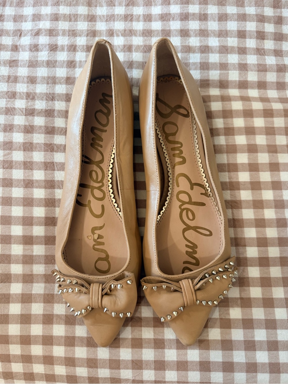 Sam Edelman Tan Pointed-Toe Flats with Studded Bow Accents